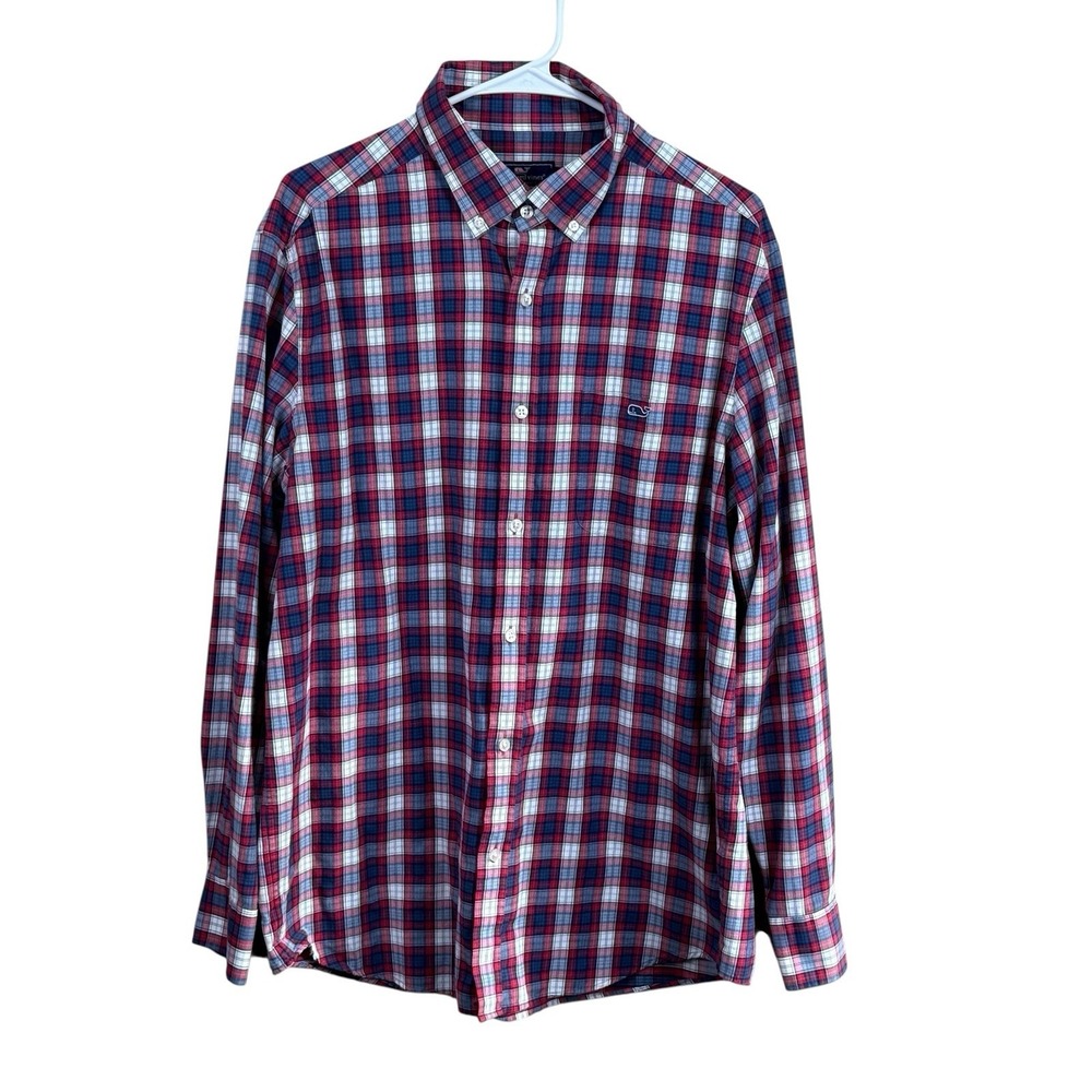 Vineyard Vines Men's Large Red Blue Gingham Classic Fit Tucker Button Up Shirt‎